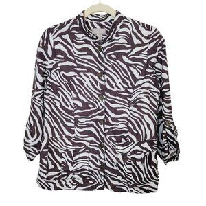 Chico's 100% Linen Button Front Shirt Shacket Sz 0 Small Brown White Zebra Print